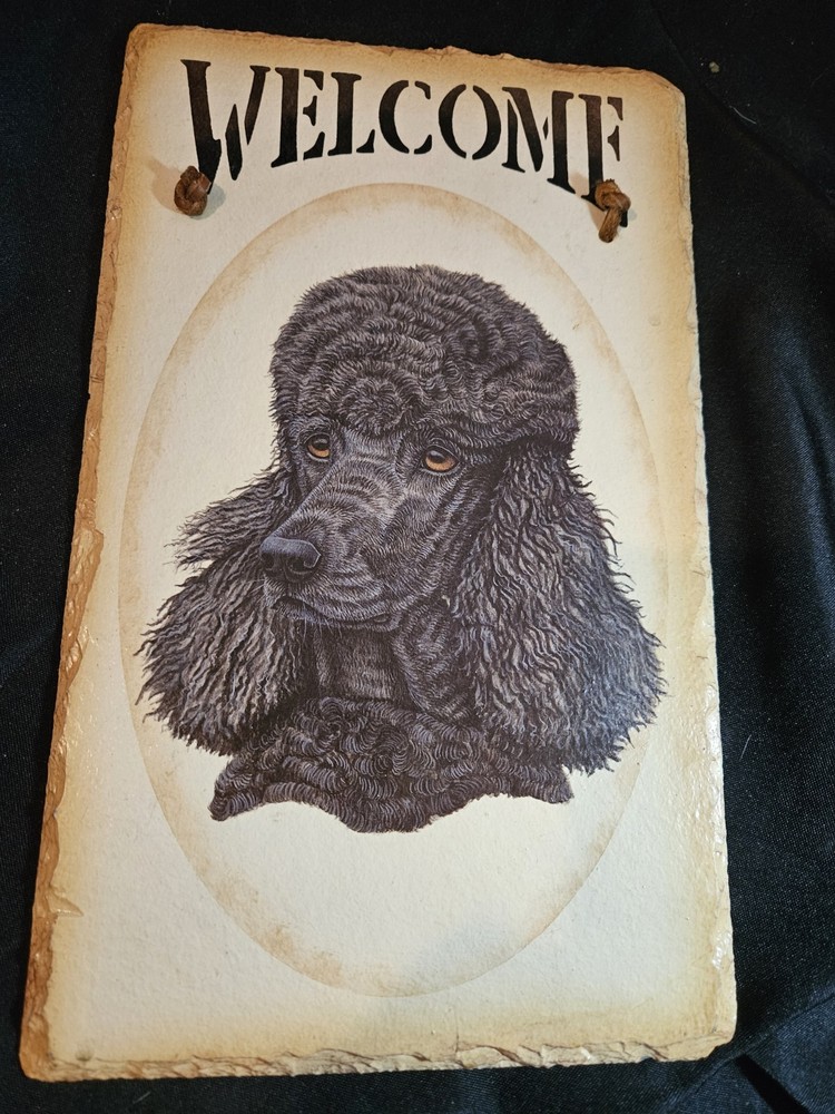 12” Hand Painted Pottery PoodleDog Slate Tile Hanging WELCOME SIGN