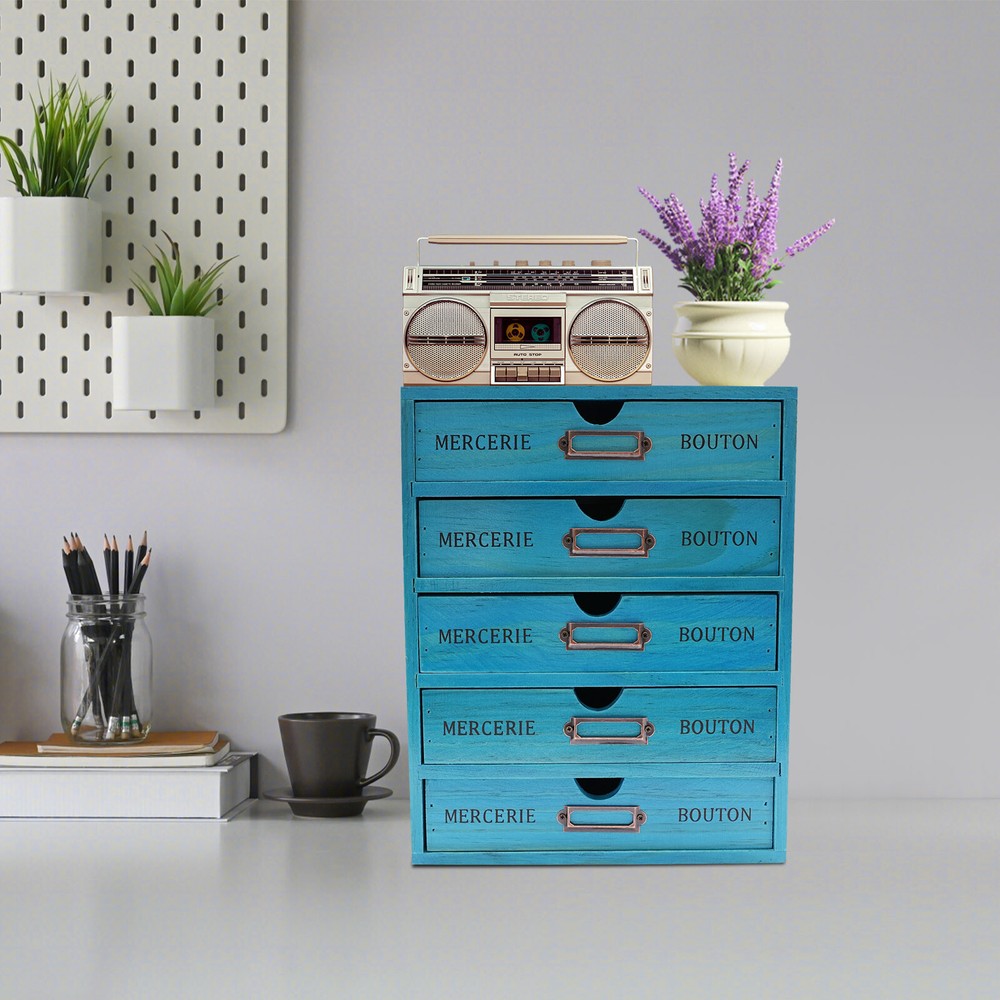 Vintage 5-tier wooden drawer cabinet for office desk organization and file storage
