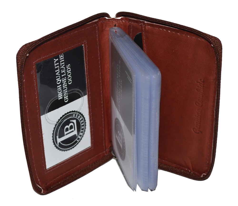 CREDIT CARD PICTURE HOLDER ALL AROUND ZIPPER BROWN 24 PAGES GENUINE LEATHER-image