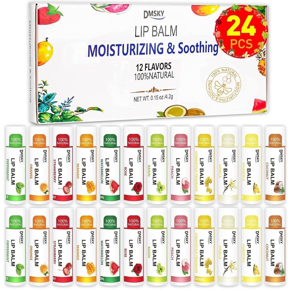 DMSKY 24-Piece Natural Lip Balm Set with 12 Moisturizing Flavors