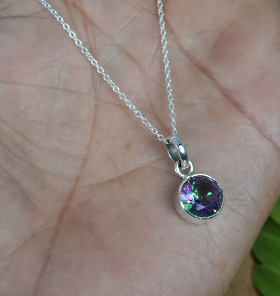 925 SOLID STERLING SILVER FACETED MYSTIC TOPAZ PENDANT 20 Ct Round Cut Gemstone