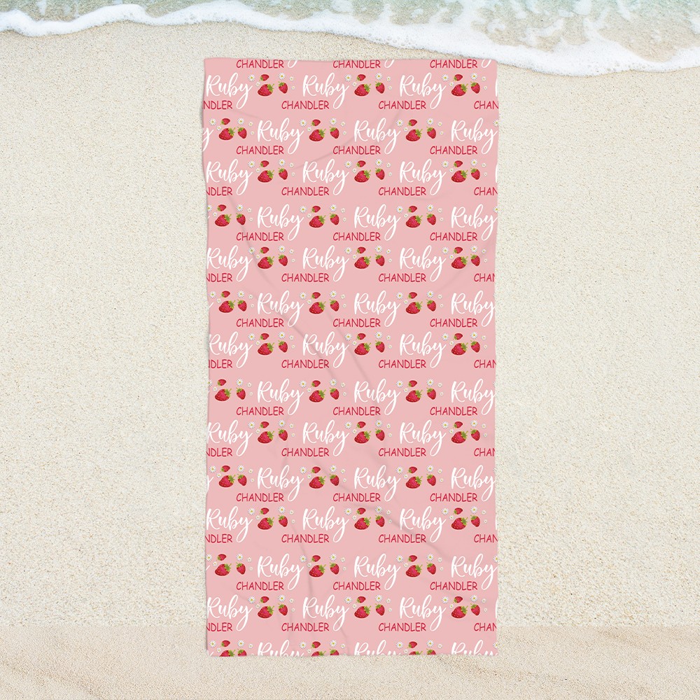 Custom Personalized Strawberry Beach Towel with Kid's Name Summer Swim Gift-image