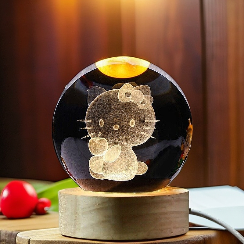3D Carved KT Cat Crystal Ball Night Light with Wooden Base - Kids Gift Healing Decor