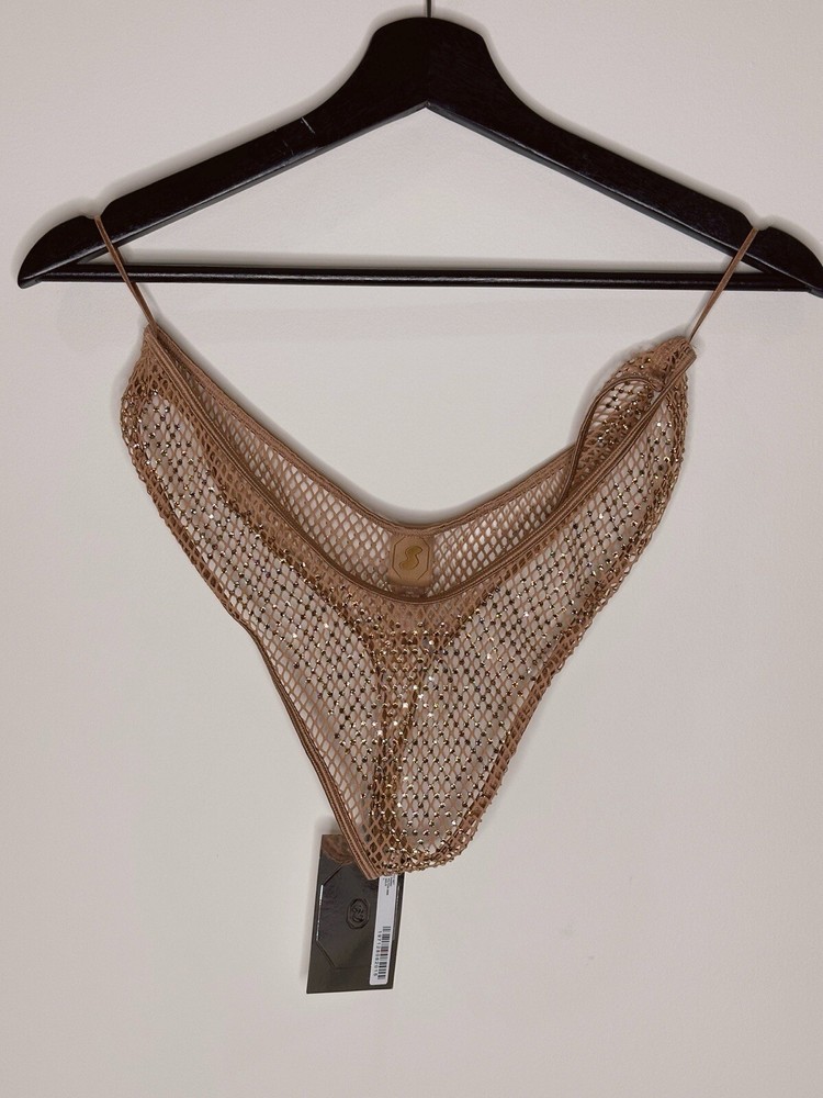 Skims x Swarovski Stretch Net Dipped Thong Crystals Bubble Gum Gold Large