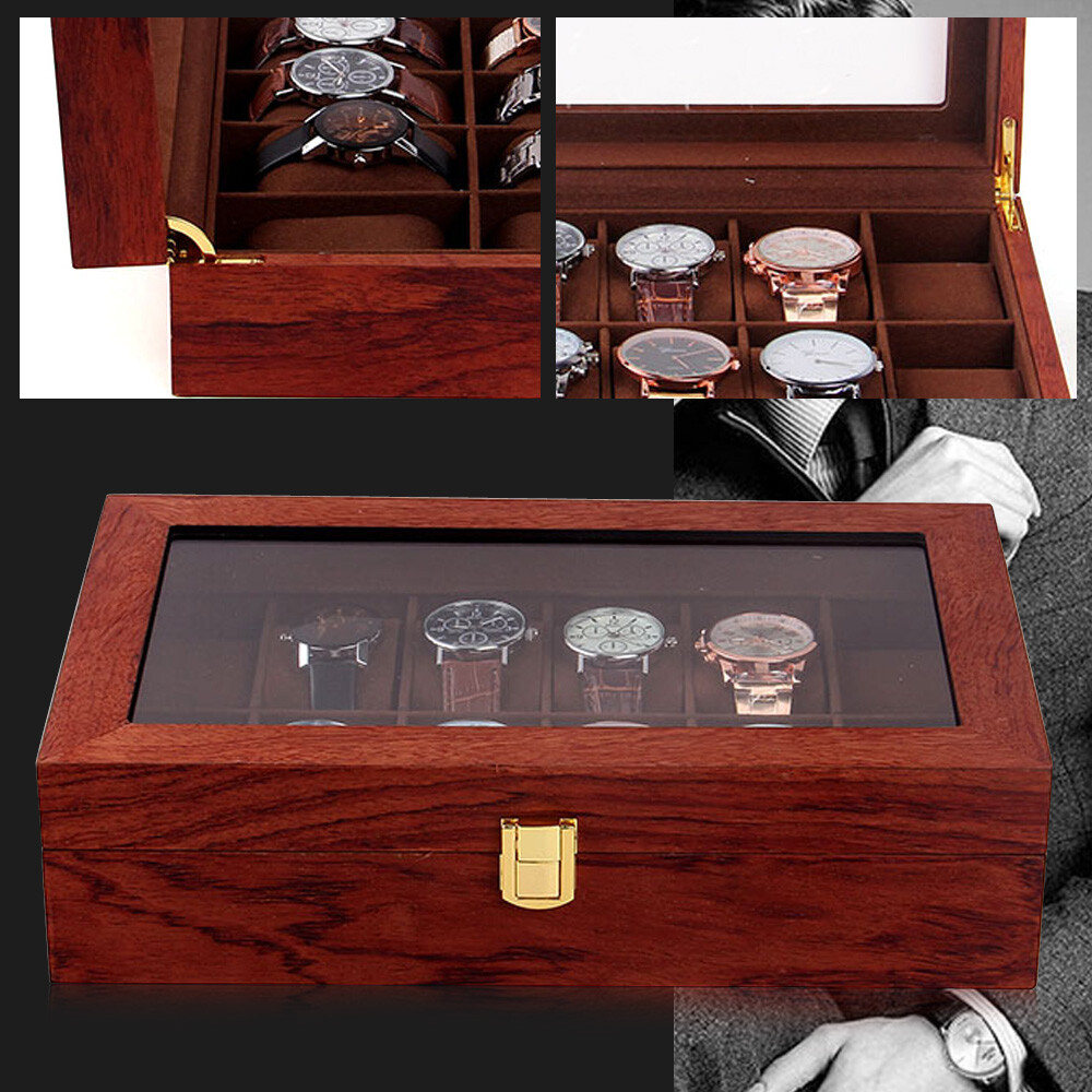 12-Slot Wooden Watch Display Box with Glass Top USA Made