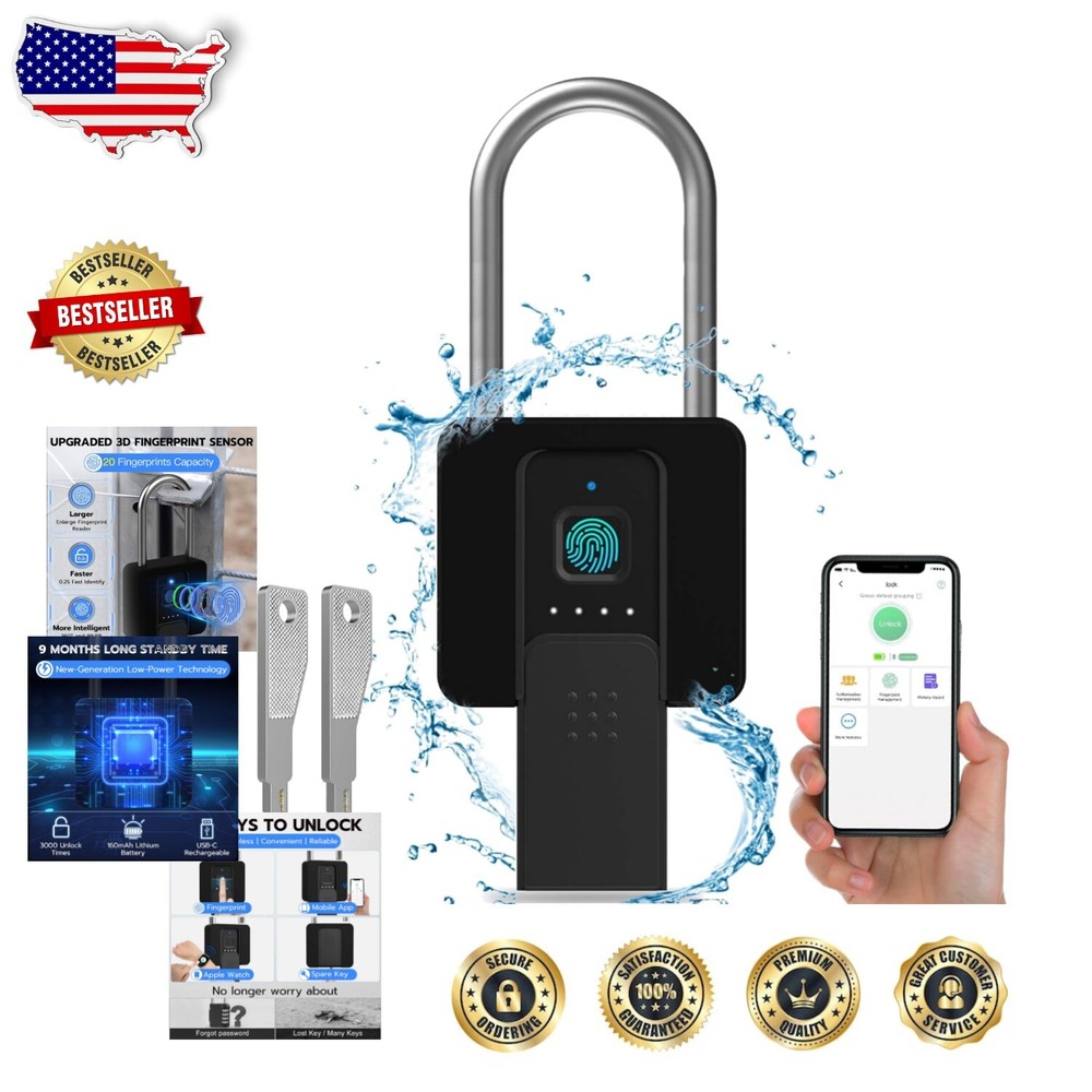 Bluetooth Biometric Fingerprint Padlock with Key Backup - IP67 Waterproof  -image