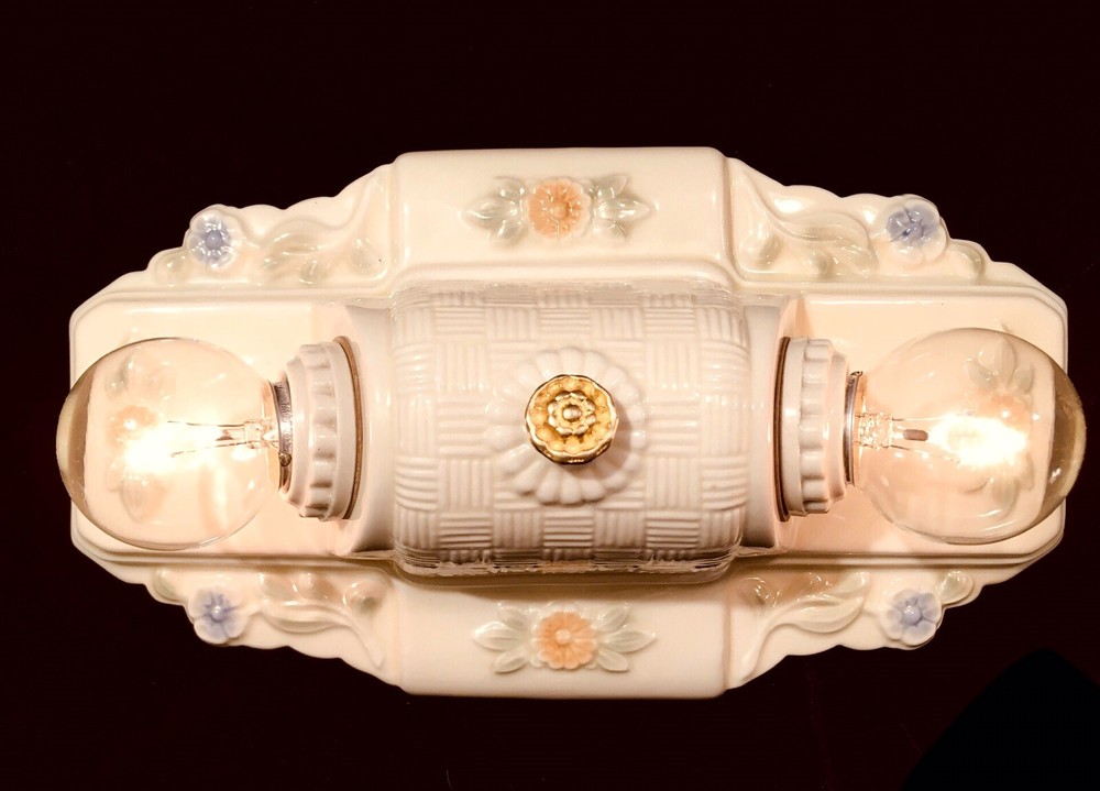 Vtg Flush Mount Ceiling Fixture Light Porcelain Ceramic Basketweave REWIRED
