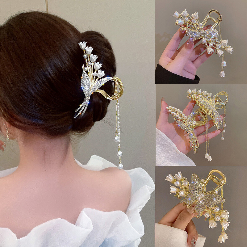 Rhinestone Flower Pearl Tassel Hair Claws For Women Fashion Elegant Hair*i~