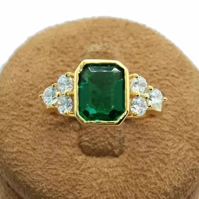 3CT Lab Emerald Cut Green Gemstone Wedding Ring 14k Yellow Gold