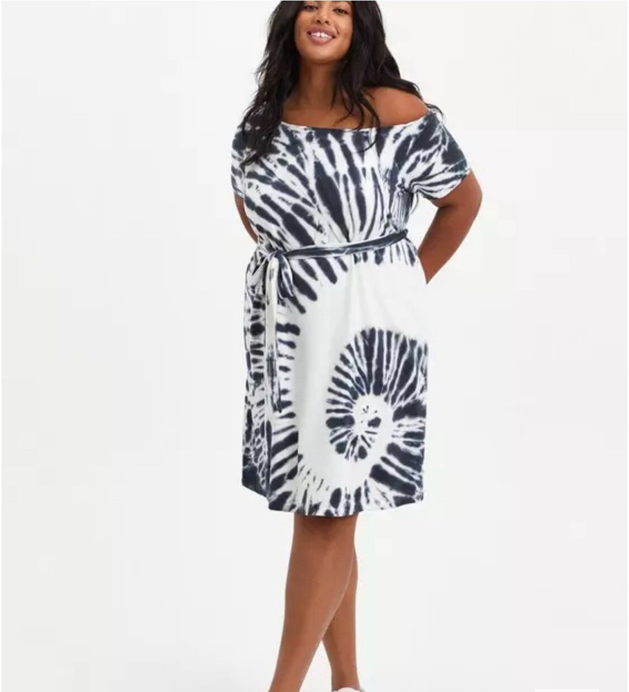 Torrid Tie Dye Off Shoulder T Shirt Dress Size 3 French Terry Navy/White Hippie