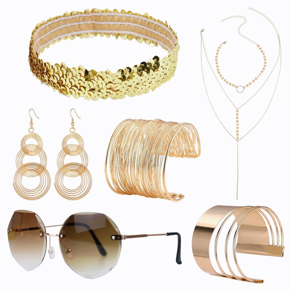 6 PCS 70s Disco Jewelry Accessories Gold Jewelry Set Sunglasses Metal Bracele...