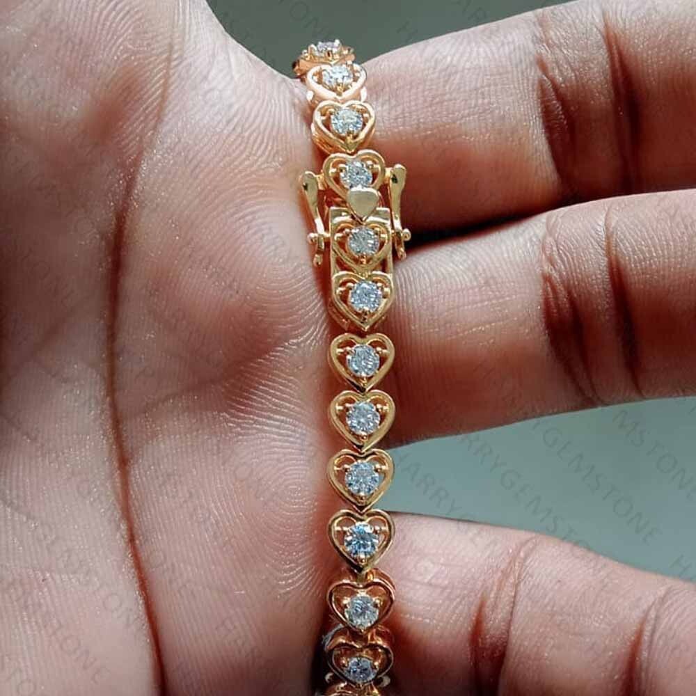 Colorless Moissanite Heart Shape Tennis Ladies Bracelet 14K Yellow Gold Plated