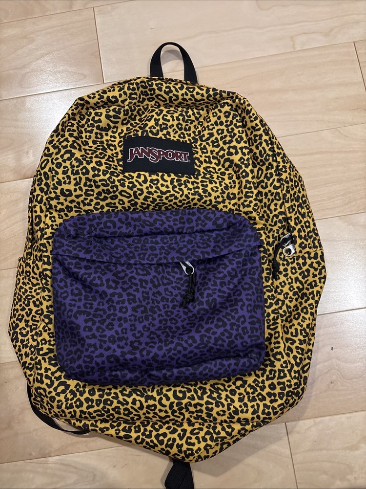 JanSport Black Label Superbreak Backpack in Yellow Purple Leopard Print for Laptop