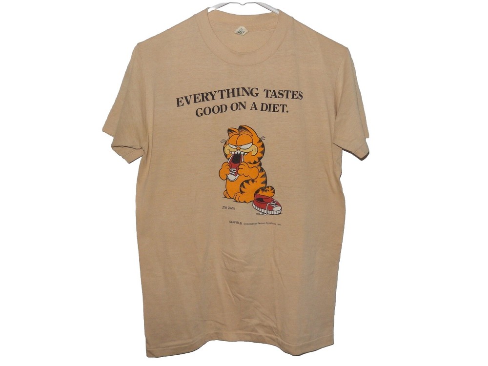 Vintage 70s Garfield Shoe Tastes Good Diet Single Stitch Tee Shirt Sz Large Tan