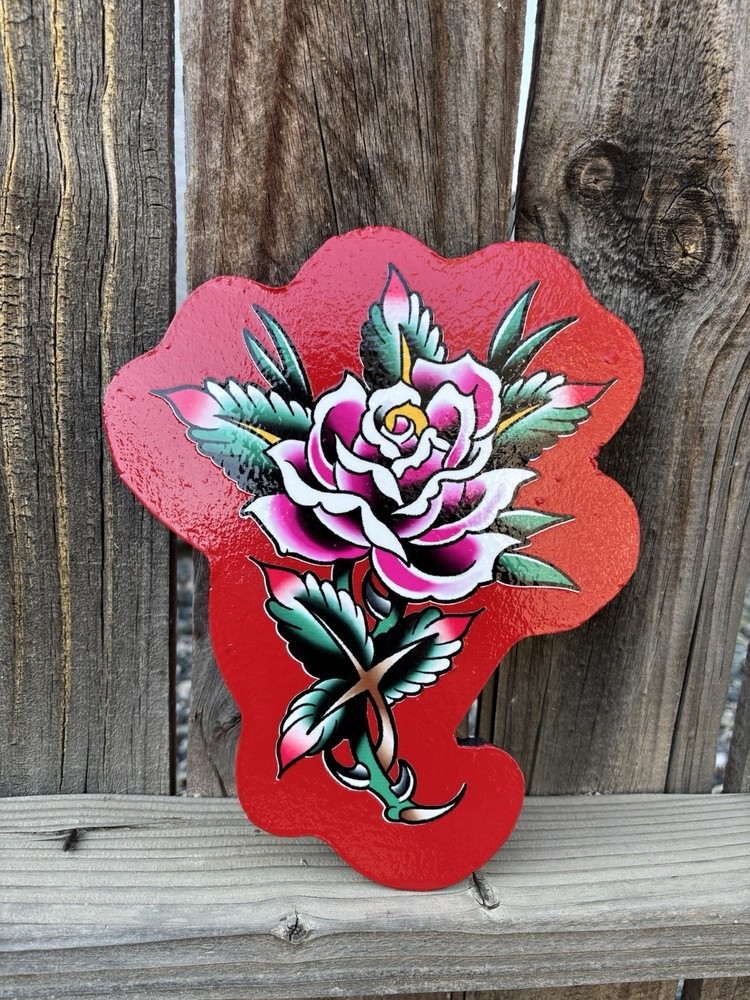 American Traditional Rose Tattoo Sign Art Handmade Wood Cutout Art Home Wall