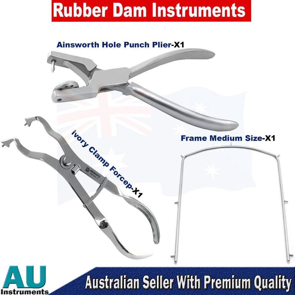 Rubber Dam Instruments Kit Set Of 3pcs Frame Ainsworth Punch Plier Ivory Clamp