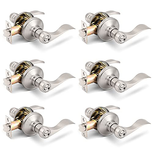 Privacy Locksets Interior Door Levers/Handles for Bedroom 6 Pack Satin Nickel