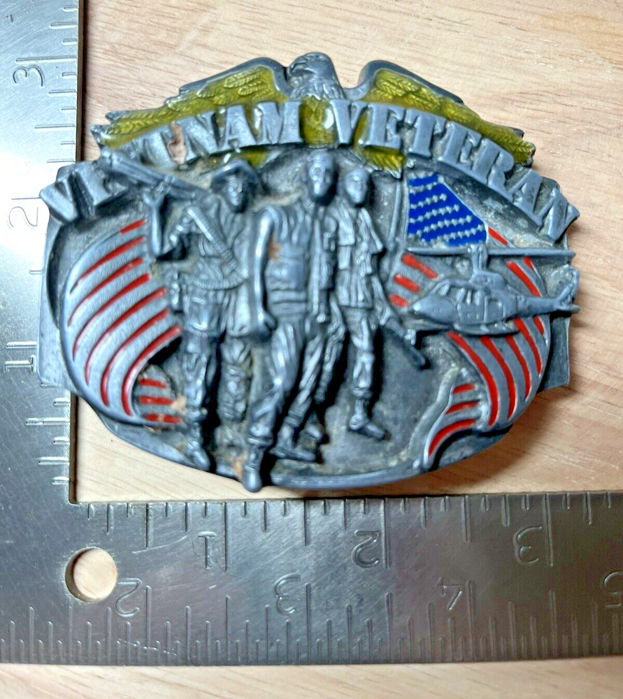Vintage Siskiyou Viet Nam Pewter Belt Buckle 3D USA helicopter flag soldier 1989
