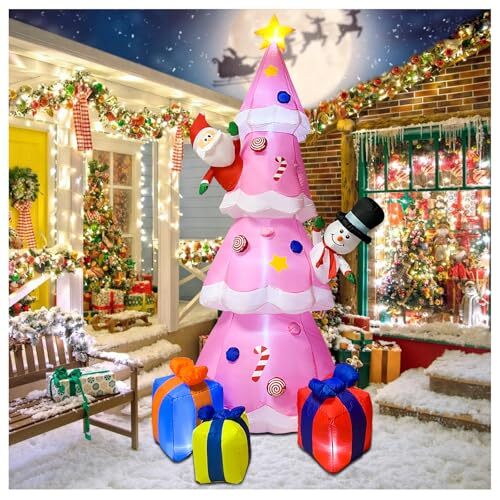 9FT Inflatable Christmas Tree, Pink Christmas Tree with Santa Claus & Snowman,