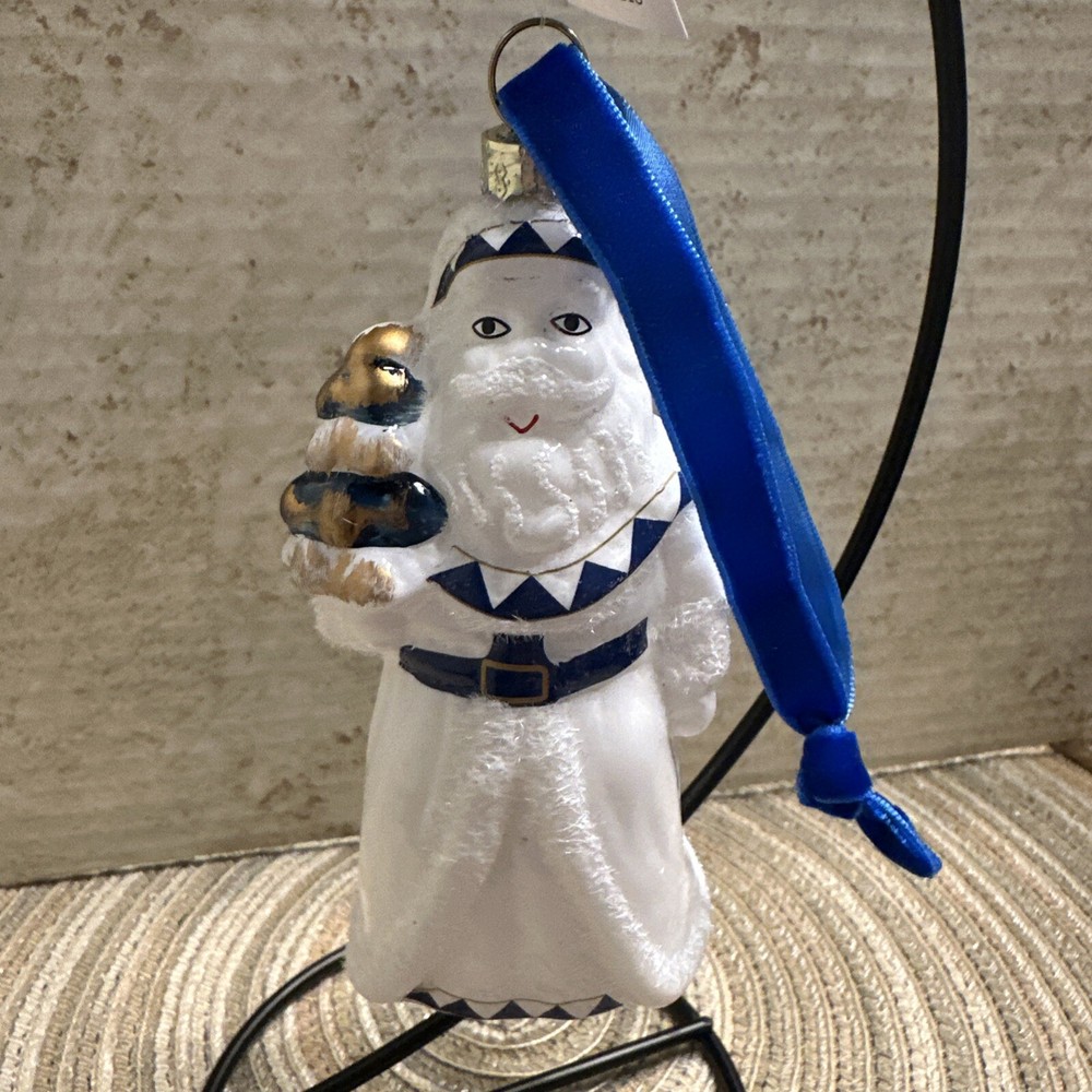 TradeCie Blue White Gold Christmas Chinoiserie Santa Claus Glass Ornament NWT