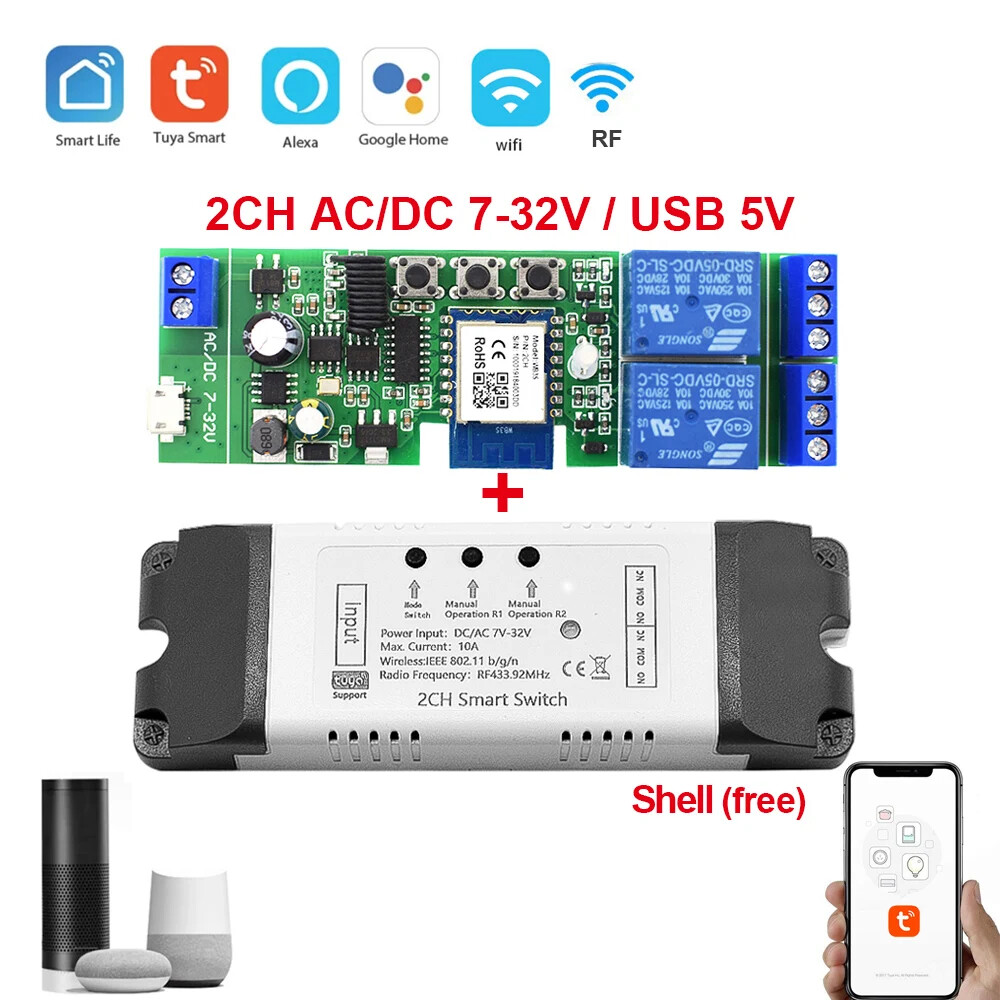 2CH WiFi Smart Switch Module with 433MHz Remote Control for Garage and DIY Projects