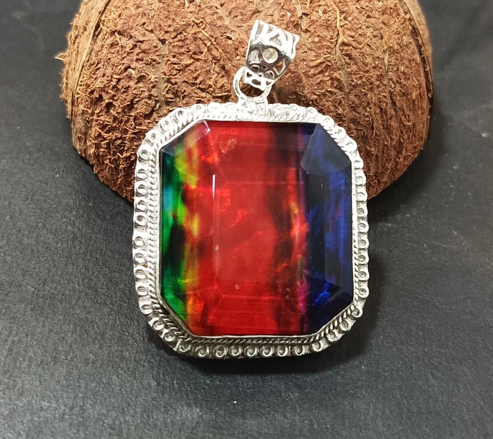 94.35 Ct Certified Natural Ammolite Rainbow Gemstone Pendant in 925 Solid Silver