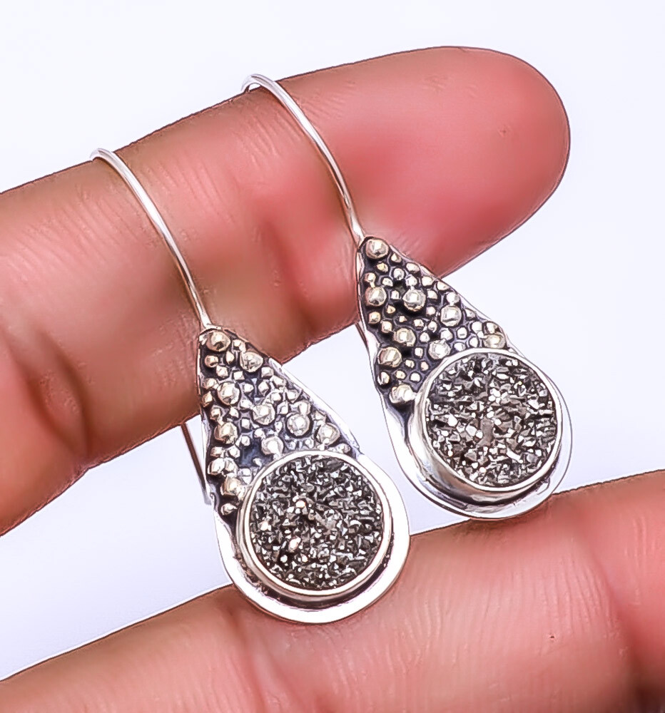 Black Titanium Agate Drusy Designer 925 Sterling Silver Earring 1.56