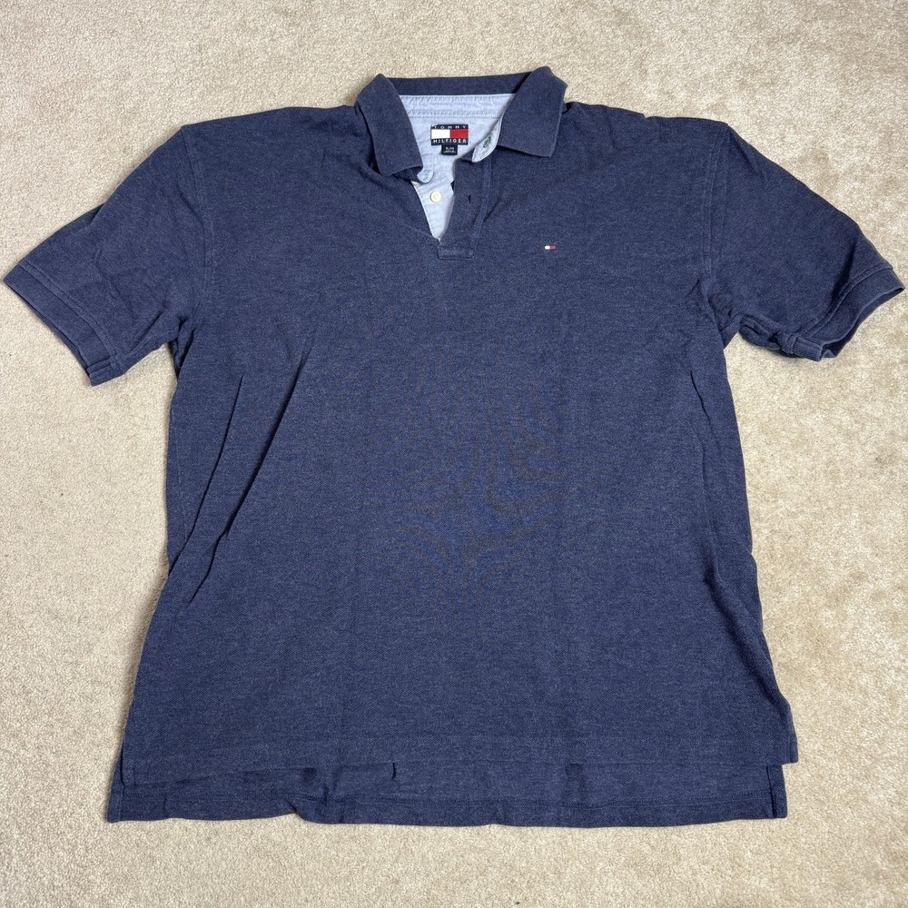 Tommy Hilfiger Men's XL Blue Mesh Polo Shirt with Flag Logo and Collar