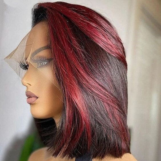 Red Highlight Black Bob Short Human Hair Lace Front Wig Glueless Straight