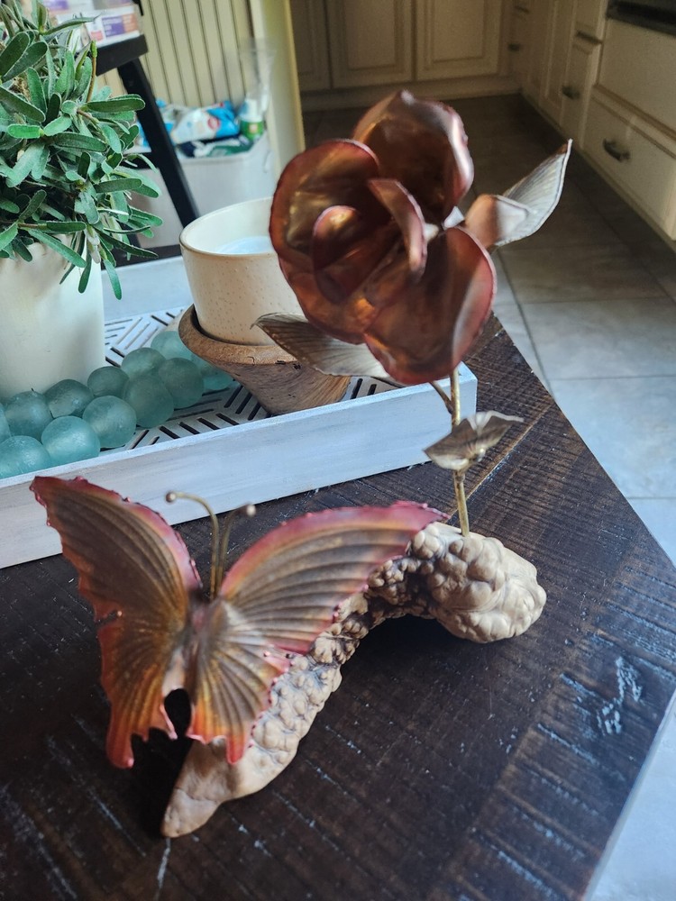 Metal Art Butterfly Rose Brass Copper Driftwood 1991 Gold Signed M. Hinz