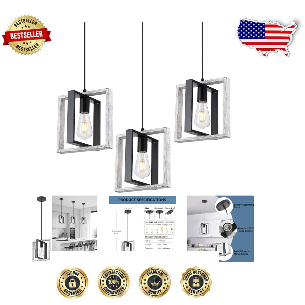 Vintage Grey Wood Pendant Light Set of 3 with 62-Inch Adjustable Cord for Any Space