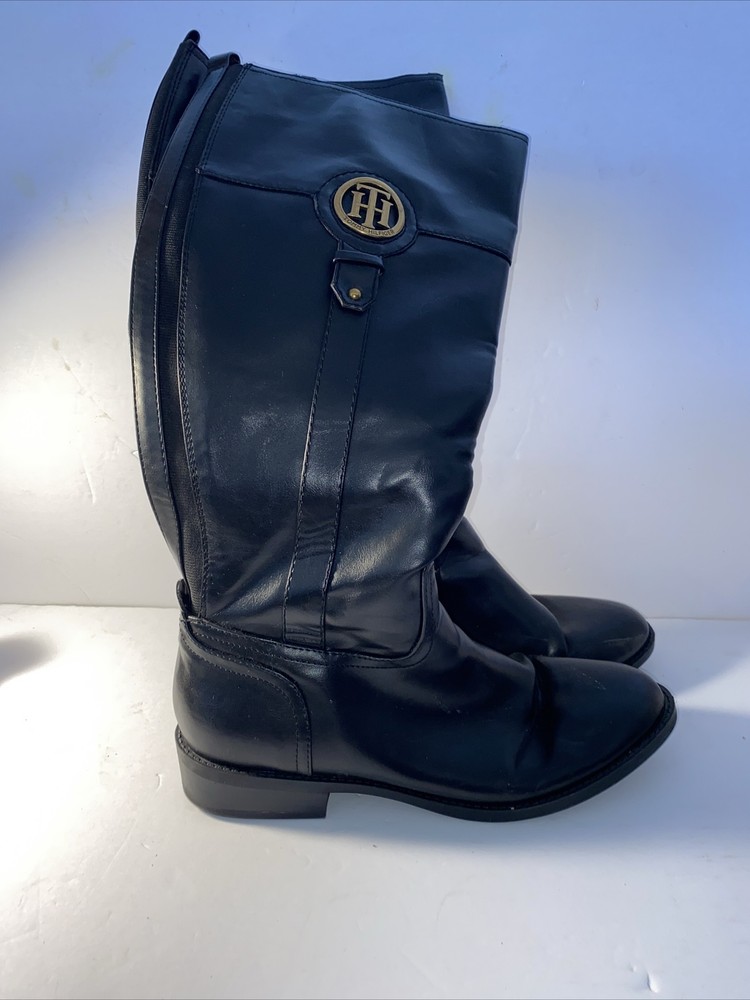 Tommy Hilfiger Twimina Black Faux Leather Riding Boots Tall Gold Logo Size 9.5