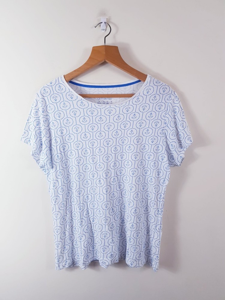 Women's Size 18 Short Sleeve T-shirt Marine Print  Blue White