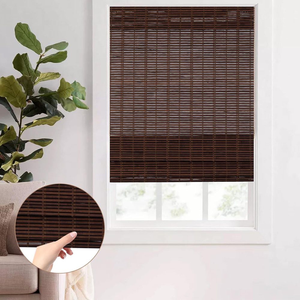 Cordless Bamboo Roman Shade Blind - Woven Wood Roll Up Window Covering for Indoor Use