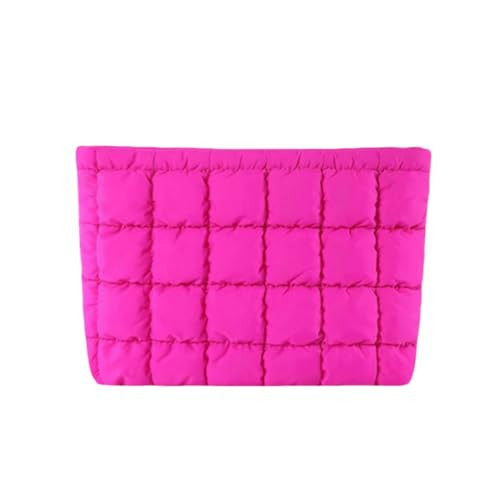 Soft Checkered Quilted Puffy Makeup Bag for Women, Aesthetic Puffer Hot Pink