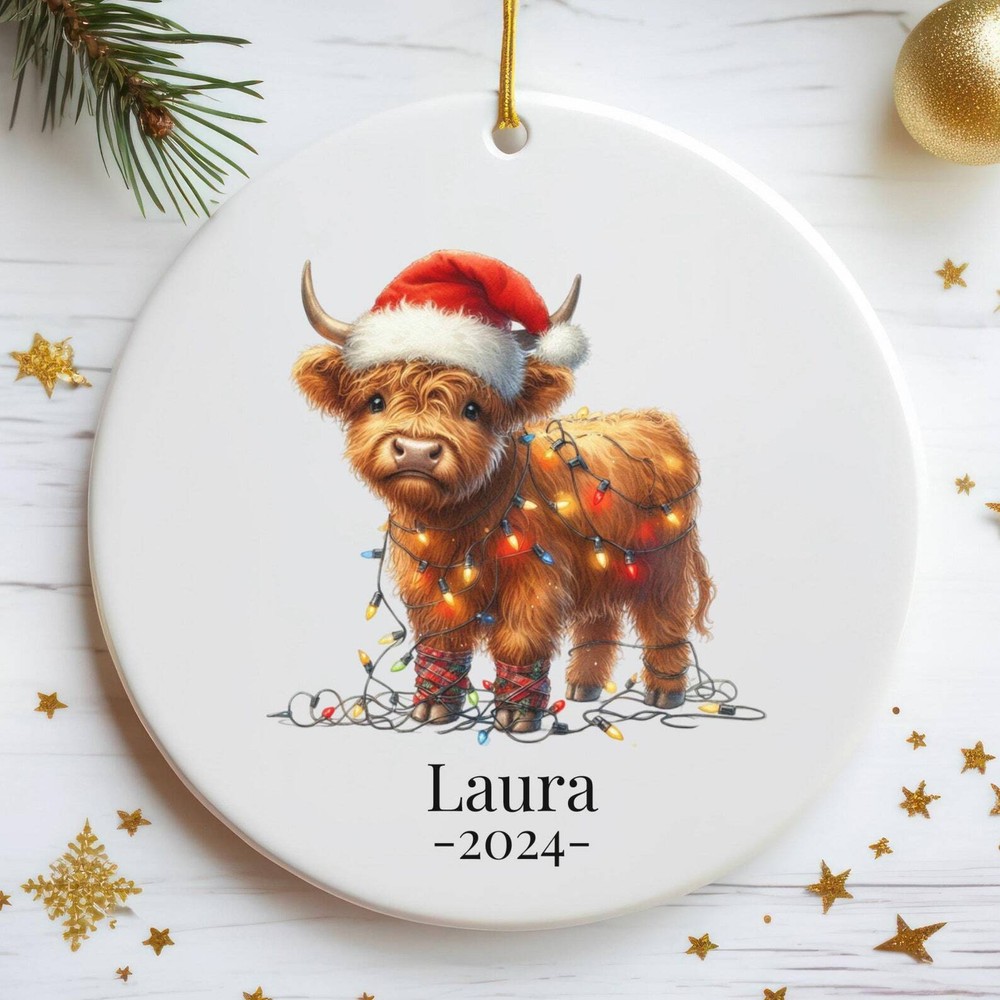 Highland Cow Christmas Ornament Farm Animal In Christmas Lights Cow Holiday