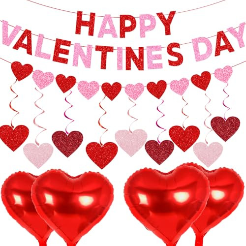 Glitter Happy Valentines Day Banner Party Decorations,with Shiny Heart Banner