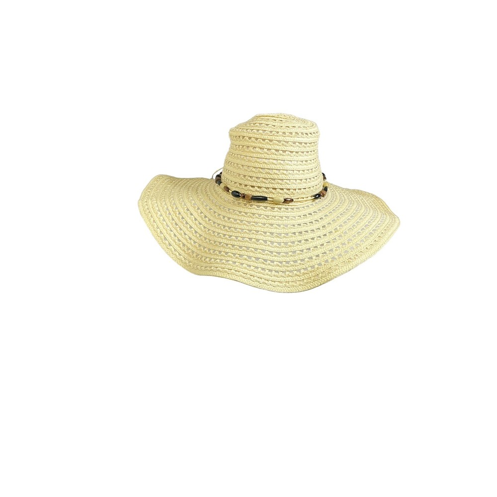 STRAW BIG RIM HAT W/ BEADS Beige Tan Summer Beach Boho