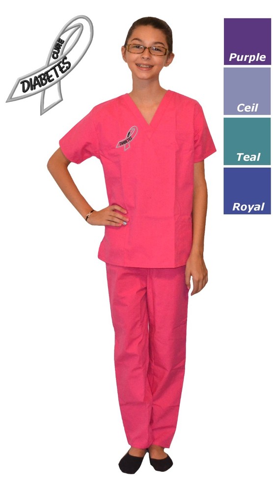 Colorful Kids Scrubs with Diabetes Awareness Embroidery in Pink Blue Purple Teal Green