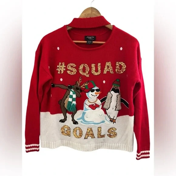 Hooked Up by IOT Junior’s Christmas Squad Goals Keyhole Pullover Sweater Size S-image