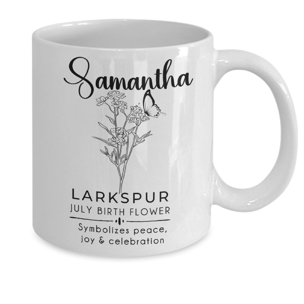Personalized July Birth Flower Mug with Larkspur Design