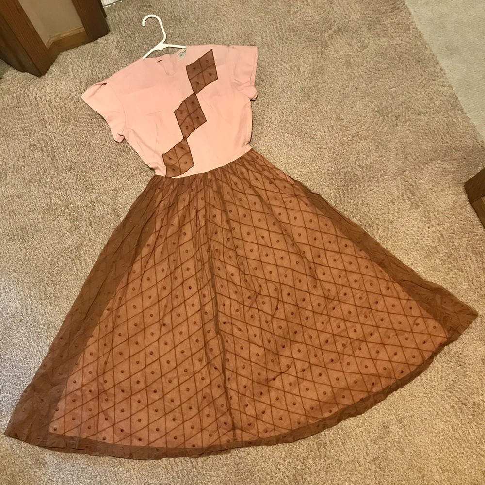 VTG 1940s WWII Pink Gabardine Brown Organza Diamonds Dress XS Full Skirt Retro Vintage