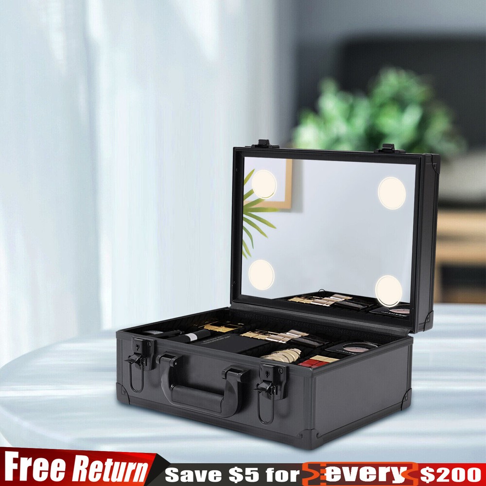 Portable Aluminum Makeup Train Case Salon Cosmetic Trolley Organizer Box w/Light