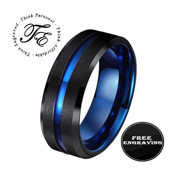 Personalized Engraved Blue Line Promise Ring for Men in Black and Blue Two Tone-image
