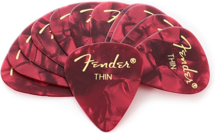 Fender 351 Premium Celluloid Guitar Picks - THIN RED MOTO - 12-Pack (1 Dozen)