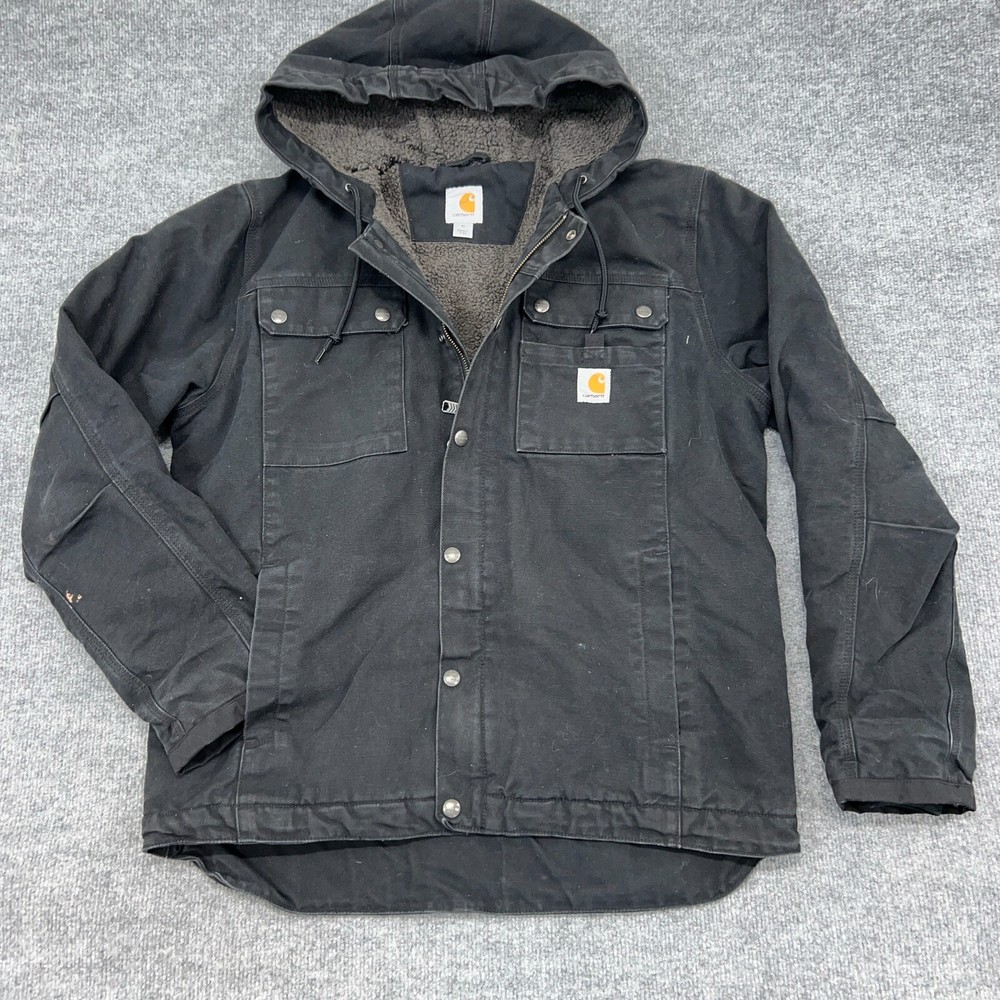 Carhartt Mens M Black Bartlett Sherpa-Lined Duck Utility Hooded Jacket