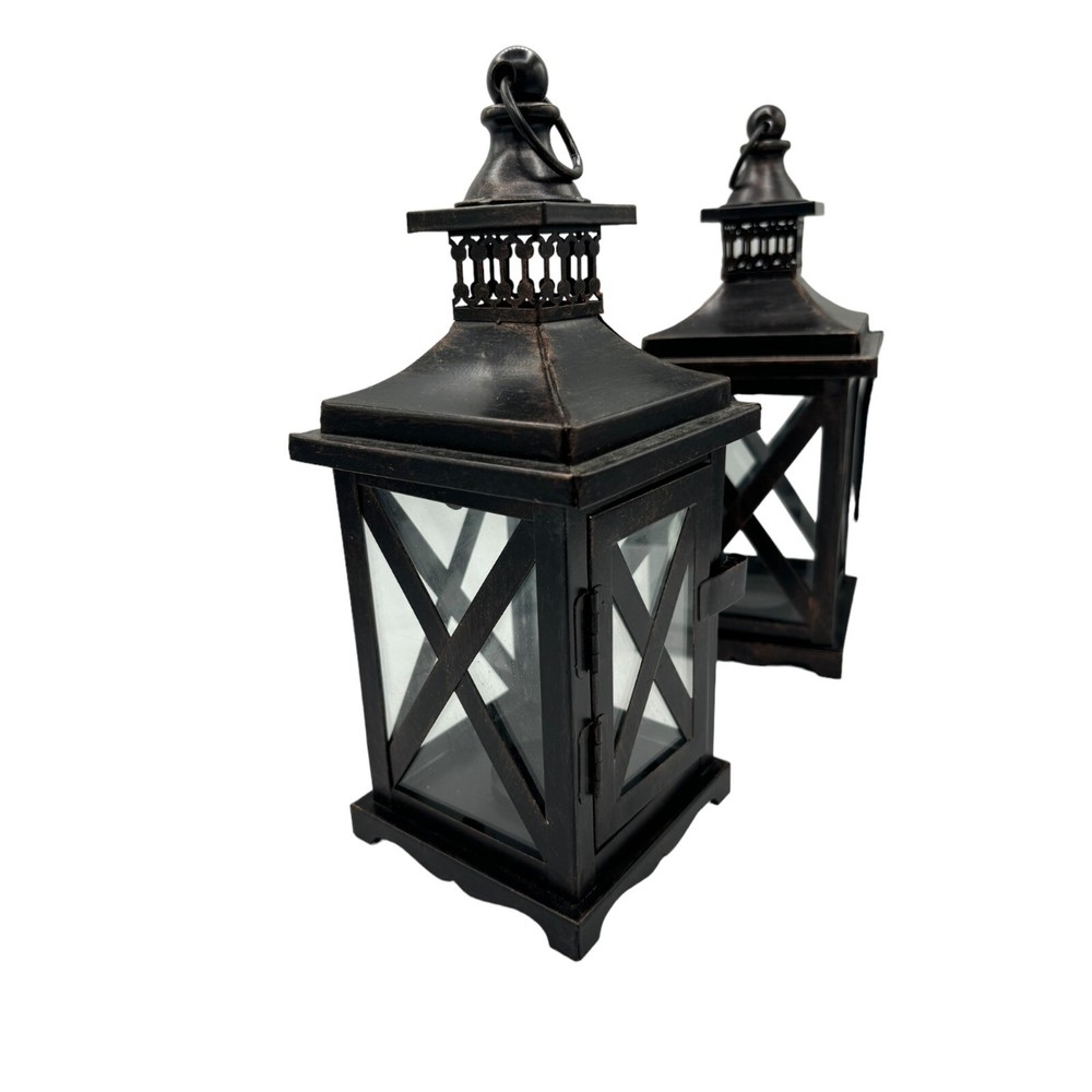 2 Metal and Glass Candle Lanterns Oil Rubbed Bronze New 10