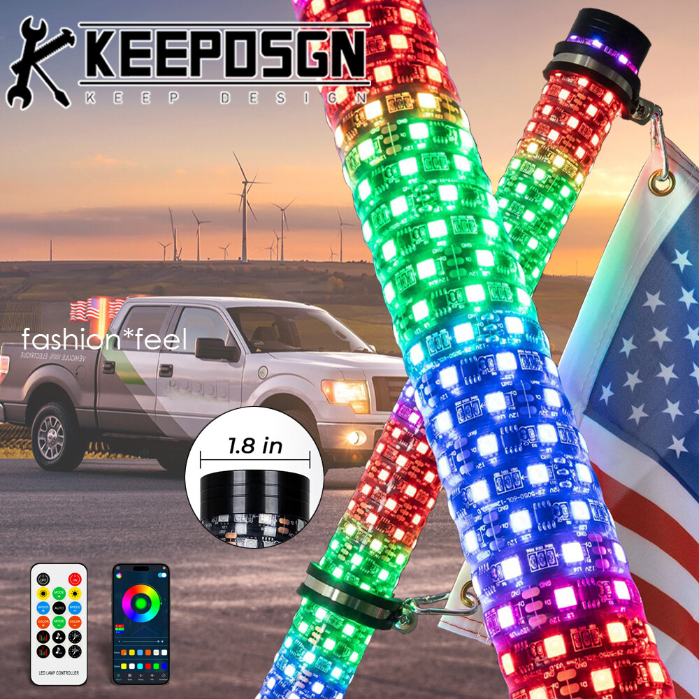 Truck 2ft RGB LED Fat Whip Lights Remote Spiral Chase Flag Thick for Ford F-150