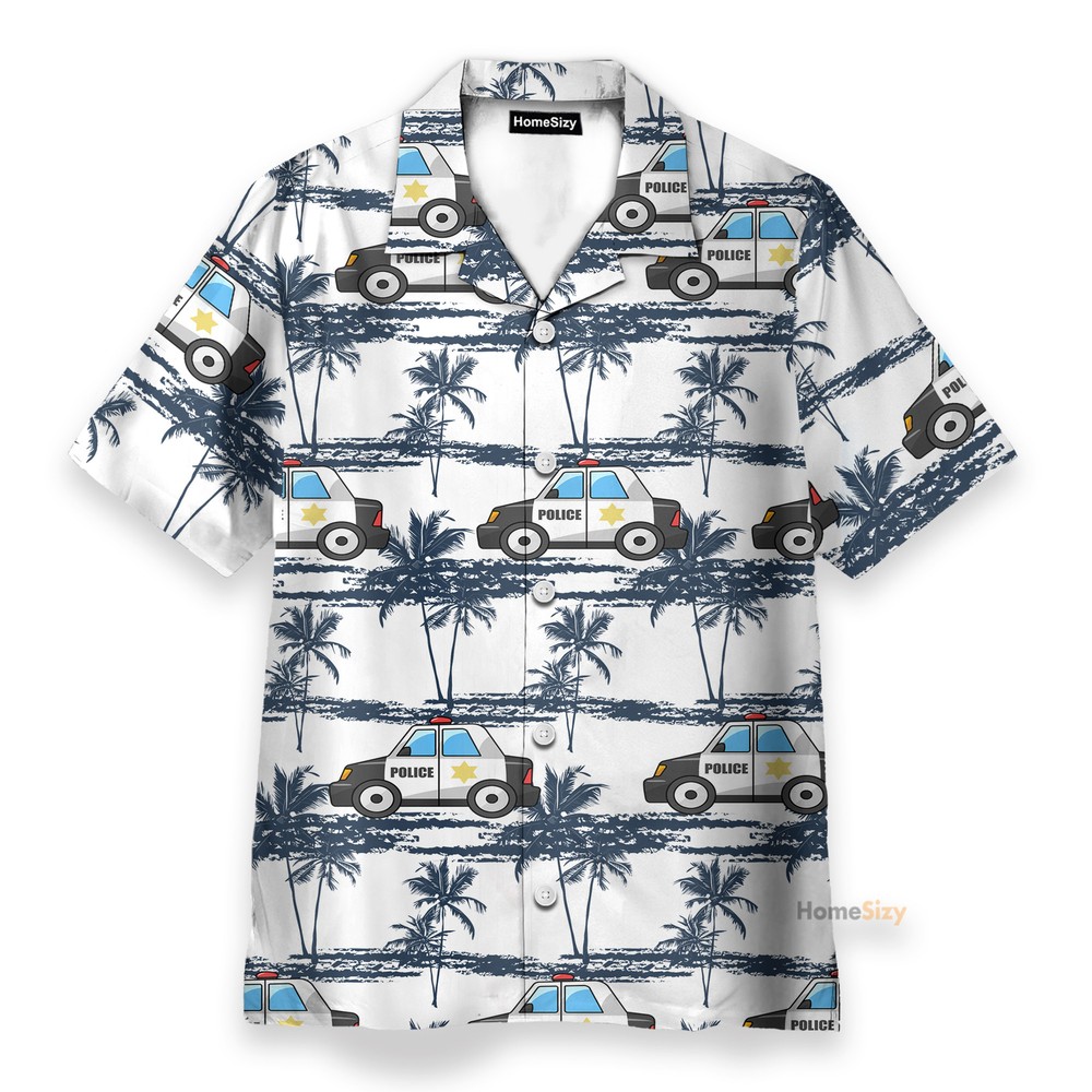 Police Car Tropical Coconut Tree Pattern   Hawaiian Shirt Beach Shorts