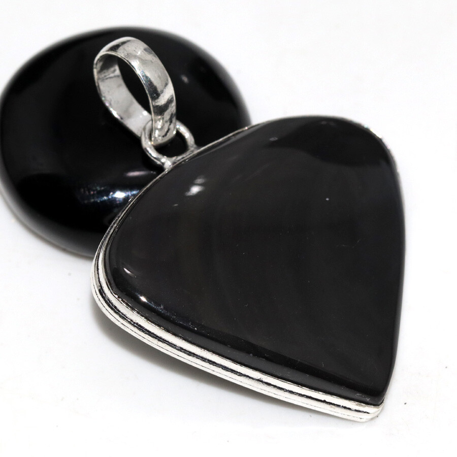 925 Silver Black Obsidian Ethnic Pendant Jewelry 1.8 Inch JW